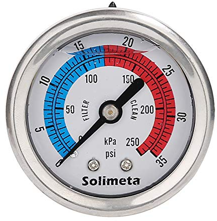 Solimeta - Manometro per filtro da piscina con quadrante da 2, manometro con glicerina, manometro per acqua, cassa in acciaio inox 304, 1/4 NPT Centro posteriore