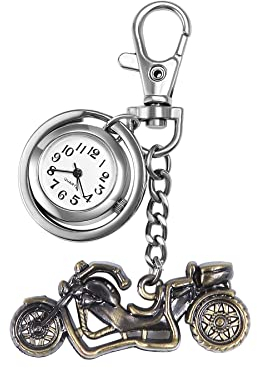 JewelryWe Motorrad Karabiner Uhr mit Schlüsselanhänger: Bronze Karabineruhr Taschenuhr mit Halbjäger Motorrad Anhänger Vintage Analog Quarz Rucksack Clip Uhr Steampunk Biker Geschenk für Herren Damen