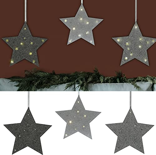 Cepewa LED Leuchtsterne 3er Set zum Aufhängen | 12 Micro LEDs 30cm warmweiß Filz Grautöne | Fensterdeko inkl. Batterie (1 x 3er Set LED Filzsterne 30cm)