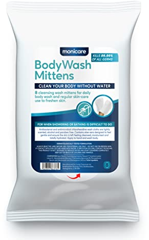 Monicare Erwachsene, Einweg-Waschhandschuhe, vorbefeuchtete Reinigungstücher, 8 Stück, Mikrofaser, weiß, 1 Count (Pack of 1)