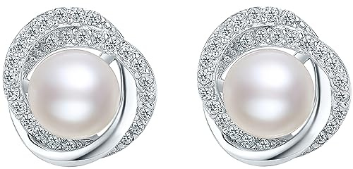 18CT Gold Pearl Earrings S925 Zircon Crystal Freshwater Pearl Stud Earrings Natural White Pearl Studs Small Large 4.5-10mm Drop Pearl Earrings Jewellery for Women Bridal Wife Mom Wedding Birthday