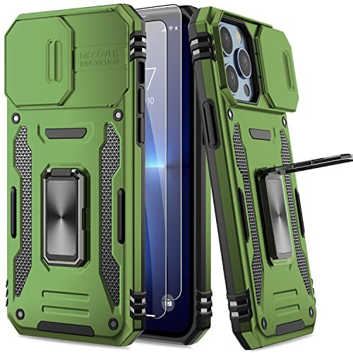 AUPAI iPhone 13 Pro Case with Camera Cover,iPhone 13 Pro Cover with Screen Protector Heavy Duty Military Grade Protective Phone Case with Kickstand for Apple iPhone 13 Pro Olive Green