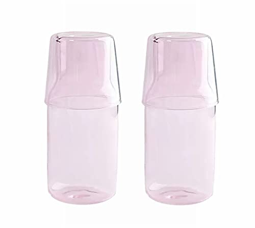 MINGZHE Lot de 2 carafes à eau de chevet avec tasse et gobelet pour table de chevet de chambre, carafe d'eau et tasse de nuit, bouteille de bain de bouche (500 ml, rose)