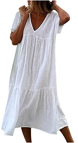 Susenstone Robe Longue en Coton Blanche Col en V - Maxi Robe Rétro Lâche Bohème Mi-Longue pour Fêter et Vacances à la Plage Été
