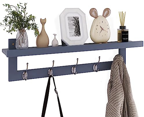 SMIBUY Kleiderhaken mit Regal Wandmontage, 74 cm Eingangsbereich Garderobe für Wand, Bambus-Hängeregal mit 5 Doppel-Metallhaken für Badezimmer, Schlafzimmer, Küche, Wohnzimmer, Mudroom (Grau)