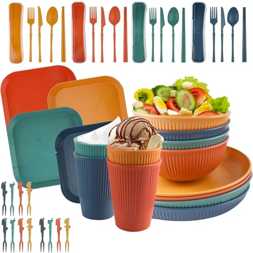 Hyacinthy Camping Geschirr Set 4 Personen, 48 Teiliges Campinggeschirr, Plastik Geschirr Set mit Tellerset Schüssel Becher Besteck, Wiederverwendbar Campingteller für Familienessen Camping Picknicks