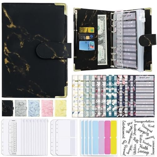 Marmor a6 Ringbinder Budget Buch Marmor Korn Notizbuch Buch Leder PU Hand Buch lose Blatt Ordner Handbuch (schwarz)