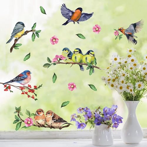TOARTi Fensteraufkleber mit Vögeln auf Zweigen, Frühlingsblumen, Fensteraufkleber, Baumwolle, Blumen, Kolibris, Fenster, Aufkleber für Glas, abnehmbar, abziehen und aufkleben, Wandaufkleber für