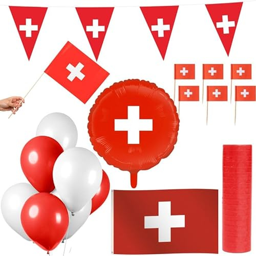 Schweiz Party Deko Set 74 TLG. Partyset Partydeko rot weiß