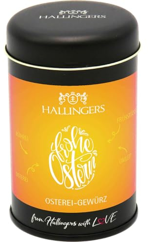 Hallingers Oster Eigewürz Frohe Ostern - Ostergeschenke für Osterkörbchen zu Ostern, Gewürz-Mischung für Osterei Rührei & Omlett (Dose) - Geschenk im Sommer & als perfektes Grillgeschenk | Glückwunsch