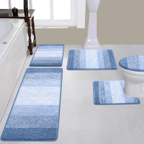 Bsmathom Badezimmerteppich-Set, 5-teilig, mit WC-Deckelbezug, weich, saugfähig, Badematten für Badezimmer, rutschfest, waschbar, Badezimmermatten mit U-förmigem WC-Vorleger, Hellblau