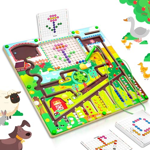 BURMONG Montessori Spielzeug ab 3 Jahre, Magnetspiel Labyrinth Spielzeug, Holzspielzeug Zahlen und Farben Lernspielzeug Motorikspielzeug ab 3 4 5 6 Jahre, Geschenk für Kinder Jungen Mädchen