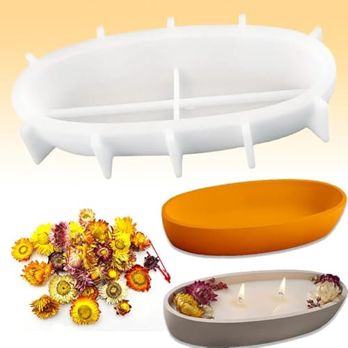 PXBSNB Silikonform Schale,Silikonform Kerzenhalter Wiederverwendbar, Ovale Silikonformen Gießformen, Gießform Kerzenhalter für DIY Kerze Vase Blumentopf(mit Getrockneten Blumen)