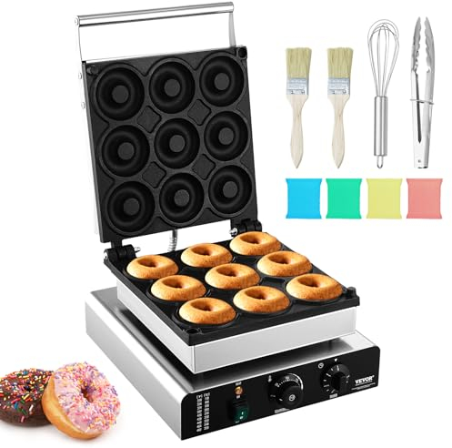 VEVOR Elektrischer Donutmaker, 2 kW Kommerzielle Donutmaschine mit Antihaftbeschichtung, 9 Löcher, Doppelseitige Heizwaffelmaschine für 9 Donuts, 50–300 °C, für Restaurants und den Heimgebrauch