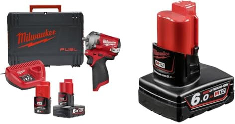Milwaukee M12 FIW38-622X Fuel™ Impact Wrench Kit 12V 1 x 2.0Ah & 1 x 6.0Ah Li-ion & M12B6 12v 6.0Ah Red Lithium-ion Battery,4 x 4 x 10 cm
