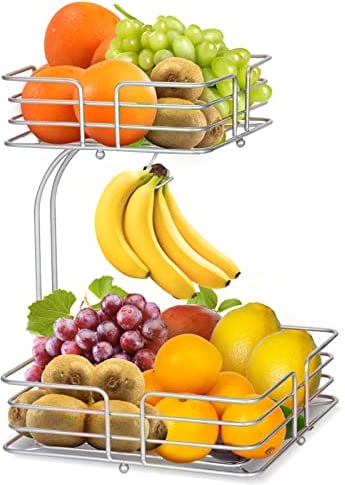 2-Tier Fruit Rack With Banana Hanger, Metal Wire Basket for Kitchen, Stackable Bowl, Countertop Storage Racks for Vegetables, Bread, Potatoes (Silver)