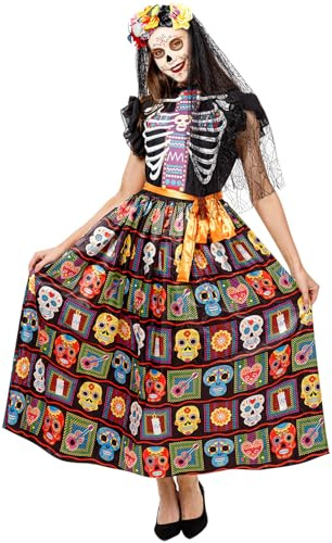 Funnlot Dia de los Muertos Kostüm Damen Tag der Toten Halloween Kostüm | Tag der Toten Kostüm Damen Halloween Kostüm Skelett Kleid mit Halloween Gesicht Tattoos
