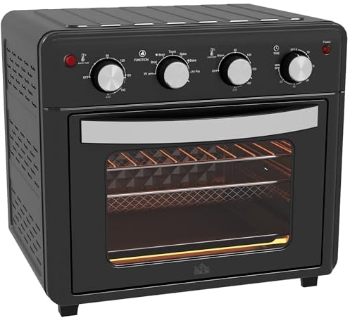 HOMCOM Mini-four à chaleur tournante 30L Mini four avec plaque de cuisson, grille et ramasse-miettes, 90 °C-230 °C Friteuse à air chaud avec 7 modes, panier à friture, minuterie 60 min, 1600W, métal