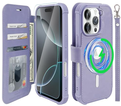 VANAVAGY Wallet Case for iPhone 16 Pro Max for Magsafe,Clove Purple | PU Leather Flip,Slim,12ft Drop Protection,RFID Blocking Card Holder,Magsafe Wireless Charging,Includes Screen Protector