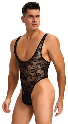 ohmydear Body Herren Ärmellose Spitzen Bodysuit Tops Einteiler Singlets Sissy Dessous Männer Unterwäsche Stringbody Sexy Overall Reizwäsche für Nachtclubs, Partys S-XL