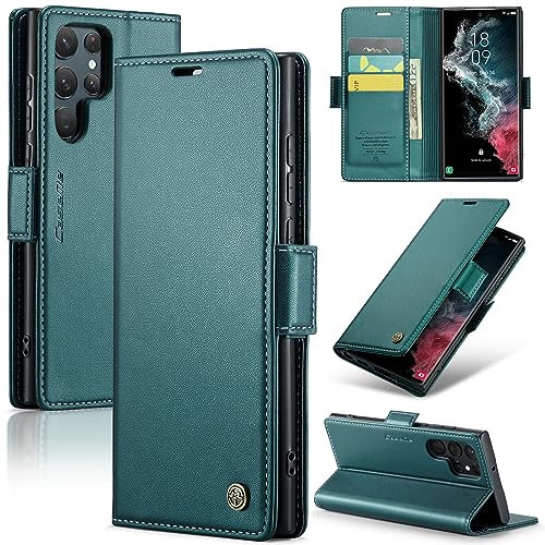 Rerzoiro Handyhülle für Samsung Galaxy S22 Ultra Hülle, Premium PU Leder Klapphülle RFID Schutzhülle Magnet Kartenfach Standfunktion Flip Wallet Tasche Case Kompatibel Samsung S22 Ultra, Türkis