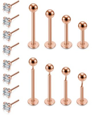 PiercingJak Lippenpiercing Labret Monroe Tragus Helix Piercings Rosegold Chirurgenstahl Stud Ohrringe mit Kugel Zirkonia Push In Ohrpiercing Stecker 1,2mm 6mm 8mm 10mm 12mm Punk Schmuck