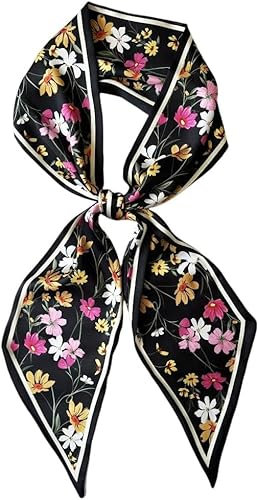 FonVan Seidenschal Seide Haarschal für Damen, Halstücher, Bandana, Satin Schal Kopftuch, Halstücher für Handtaschen, Handtaschen-Zubehör, Seidentücher Scarf (Black Colorful Flower)