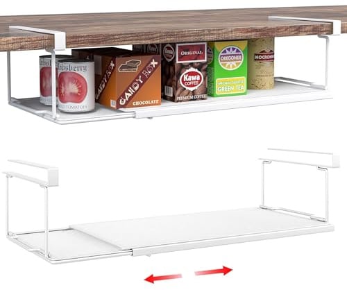 Minicoco Expandable Under Shelf Storage, Space Saving Mental Under Cabinet Hanging Shelves Shallow Racks Baskets for Kitchen Cabinet, Closet, Bookshelf, Bedroom, Bathroom（White）