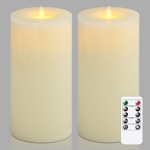 Wroxipel Flameless Moving Wick Remote & Timer 10cm x20cm Real Wax LED Candles, Battery Operated Flickering Ivory Pack of 2 Tall Pillar Candles (Long Lasting 400 Hrs, Warm Light)