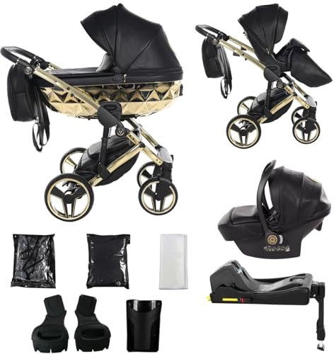 Junama Kinderwagen Diamond Hand Craft 2in1 3in1 4in1 (05 - Schwarz und Gold, 4in1 mit ISOFIX Basis)