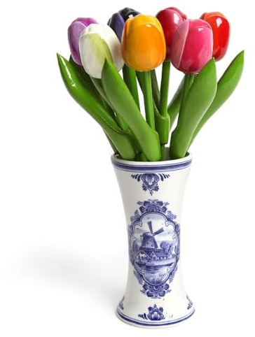 Tulpenstrauß aus Holz in Holländischer Keramikvase, 9 Holztulpen, 21 cm hoch, handbemalt, Blumenstrauss, Dekoration, Made in Holland