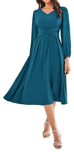 GRACE KARIN Women Long Sleeve A Line Flowy Solid Color Plus Size Dress Elegant Summer Flowy Long Sleeve Chiffon Dress Peacock Blue L