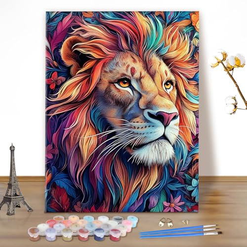 MEIYUDA Peinture par Numero Adulte Animaux, DIY Lion Peinture Acrylique pour Adultes Débutants Facile sur Toile Avec Peintures et Pinceaux 40x50cm(sans Cadre)