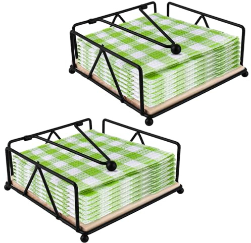 FWEEK 2 Stück Serviettenhalter mit Holzsockel, Beschwerungsstange, Schwarz | Schwarzer Metallrahmen mit beschwerter Stange hält Servietten bereit; 18 × 18 × 7 cm für Küche, Restaurant, Bar und Terrasse