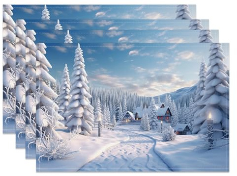 MIRRORANG Tischsets mit Winter Schneelandschaft, 4er Set, 45x30cm, Schnee, Bergkiefer, Holzhaus, wasserdicht, langlebig, für Weihnachten, Silvester, Party, Küche, Esszimmer, Dekoration