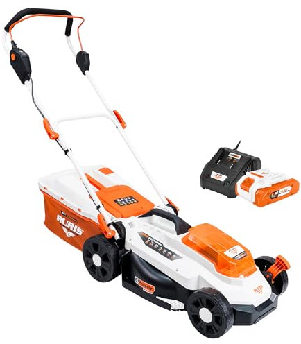 RURIS Tondeuse à Gazon sans Fil RXI3324e – Largeur de Coupe 33 cm, Hauteur 25-75 mm, Fonction 3-en-1 (Ramassage, Éjection Arrière, Mulching), Batterie Li-ION 20V 4Ah et Chargeur Inclus