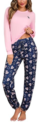 Bresdk Schlafanzug Damen Lang Pyjama Baumwolle Winter Schlafanzüge Herz-Print Hausanzug Nachtwäsche mit Tasche Pyjamas Set