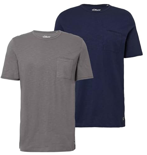 s.Oliver Herren T-Shirt mit Brusttasche (DE/NL/SE/PL, Alphanumerisch, L, Regular, Regular, 1 x Navy / 1 x grau)