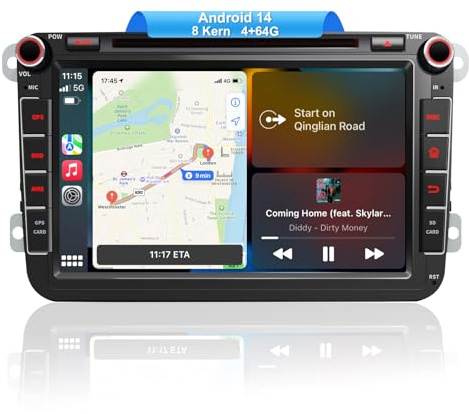 QIIKEN 8 4G+64G Android 14 Autoradio mit Navi für VW T5 Golf 5 6 Polo Sharan Seat Passat Tiguän, Doppel din Radio IPS Bildschirm Mediareceiver mit CarPlay Android Auto Bluetooth PDC RDS CD Kamera