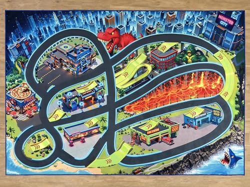 SkippiDoo Straßenteppich – Monster City XL – Spielteppich 200 x 140 cm, Autoteppich mit Breiten Straßen & großen Parkplätzen, Rutschfester Teppichrücken