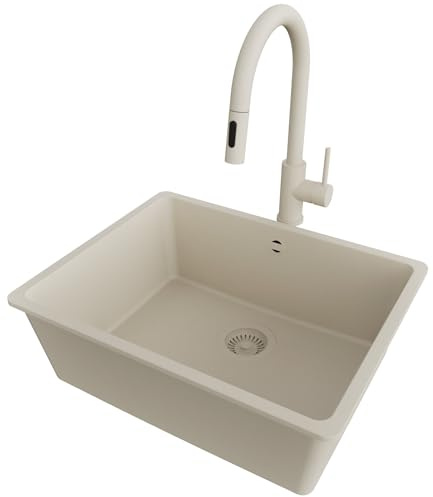 PRIMAGRAN Unterbauspüle ab 60er Unterschrank + Küchenarmatur, 56x44cm | Set: Küchenarmatur BW9010 + Ablauf-Set (Siphon, Ablaufgarnitur, Überlauf) + Spülbecken 1 Becken - Venedig Easy, Alles Beige