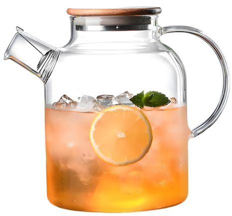 Glass Pitcher with with Bamboo Lid and Handle,Borosilicate Cold Hot Water Carafe Jug for Beverages Wine,Coffee,Milk,Juice Iced,Tea,Dishwasher Safe (1800ML)
