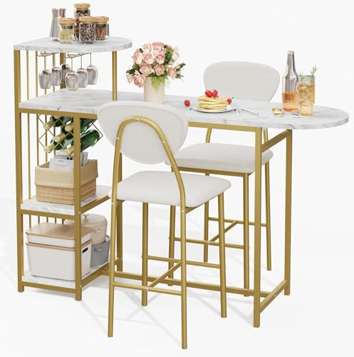 GAOMON 3-Piece Dining Set, Bar Table and Chairs Set for 2, High Top Table and Upholstered Chairs with Storage Shelves, Breakfast Nook, Bar Pub Set for Kitchen, Home Bar, Small Space