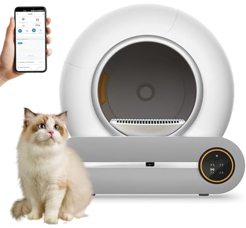 Litiere Chat Autonettoyante Grande Capacité 65L, Automatique avec Contrôle par Appli et Capteurs, pour Chat Auto Nettoyante Conçue et Plusieurs Maisons de Chat,pour Les Grands Chats Max. 8kg (Blanc)