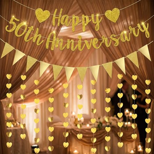 50th Wedding Anniversary Decorations - Golden Banner Set with Heart Garland & Triangle Flags - Easy to Install Paper Decor for Golden Wedding Party Supplies