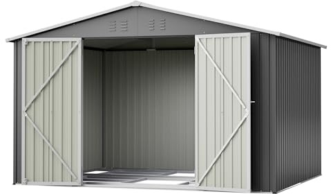 DRIXNO Metall-Geräteschuppen 300x252x191 cm, Metall-Tool-Shed mit Klapptür, Gartenhaus Metall, Terrasse, Hinterhof, Robuster Geräteschuppen, Sicheres Lager für Gartengeräte und Werkzeug, Grau