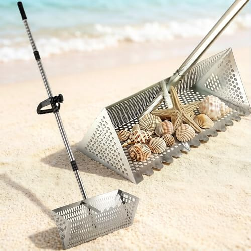 Rastrillo de pulgas de arena para playa, pala y tamiz de arena de acero inoxidable, rastrillo de dientes de tiburón extra grande de 16 pulgadas de ancho con mango desmontable de 55 pulgadas de largo