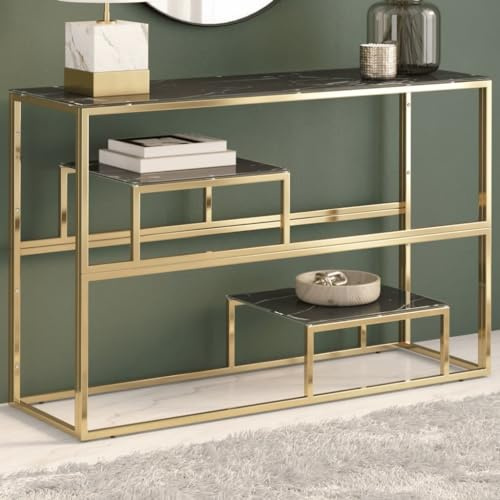 Bendmaxx Table console dorée en acier inoxydable et verre trempé avec aspect marbre noir, 110 x 35 x 70 cm, table de couloir stable pour couloir, salon, chambre à coucher