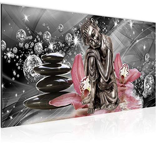 Runa Art Wandbild Buddha Orchidee 1 Teilig 100 x 40 cm Modern Bild auf Vlies Leinwand Zen Wohnzimmer Schlafzimmer Grau Rosa 505312c