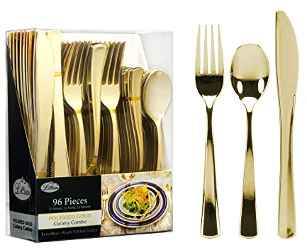 Kunststoff-Besteck, extra schwer, Einweg-Besteck, volle Größe, 32 Gabeln, 32 Messer, 32 Löffel, Vorteilspackung, 96 Stück